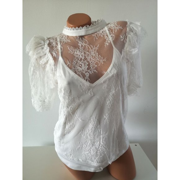 new 2-pc Ruffle Lace Blouse Top white L - Picture 8 of 10